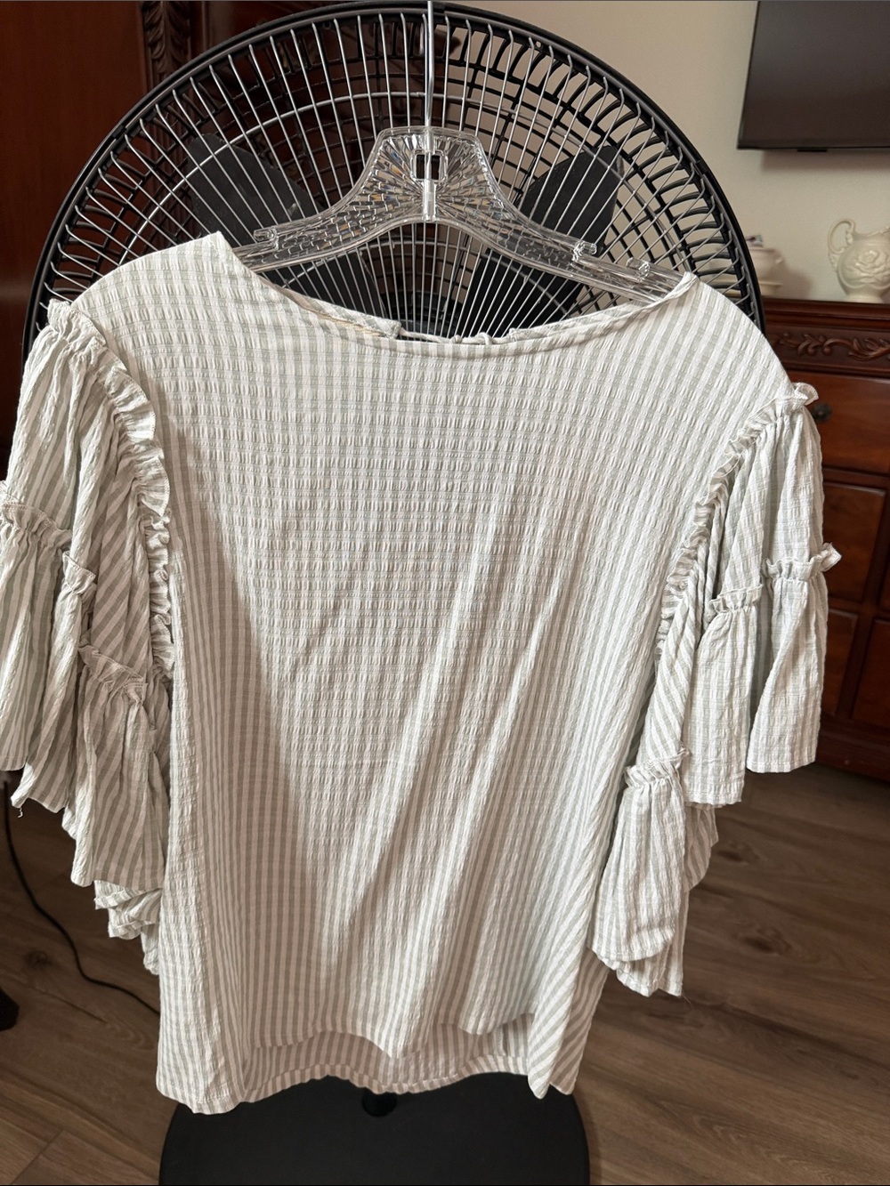 Tiered Ruffle Short-Sleeve Top in Light Green Stripe